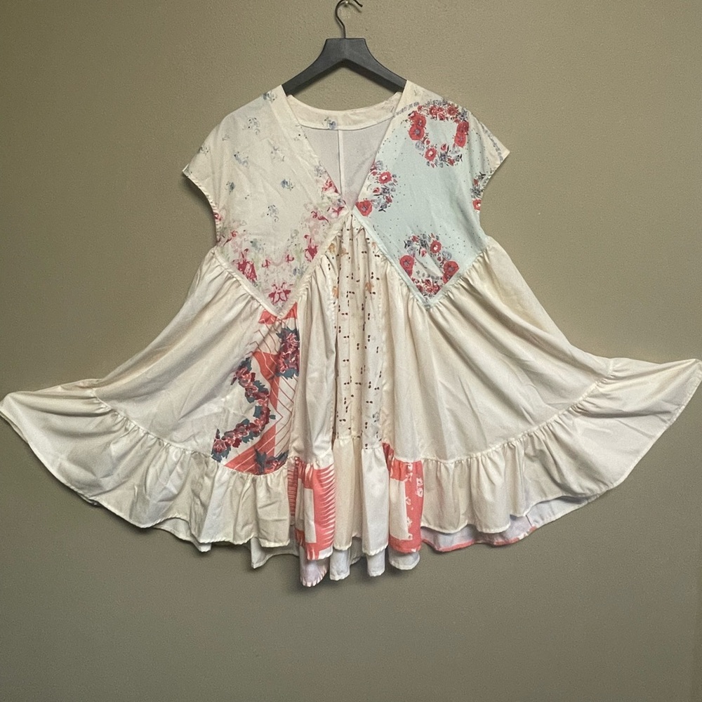 Floral Flowy Patchwork Boho Festival Deep-V Dress Tunic Summer Vacation Coverup - Picture 2 of 8